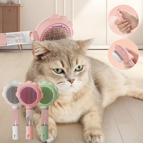 Cat lying on a wooden floor with pet grooming brushes in various colors.