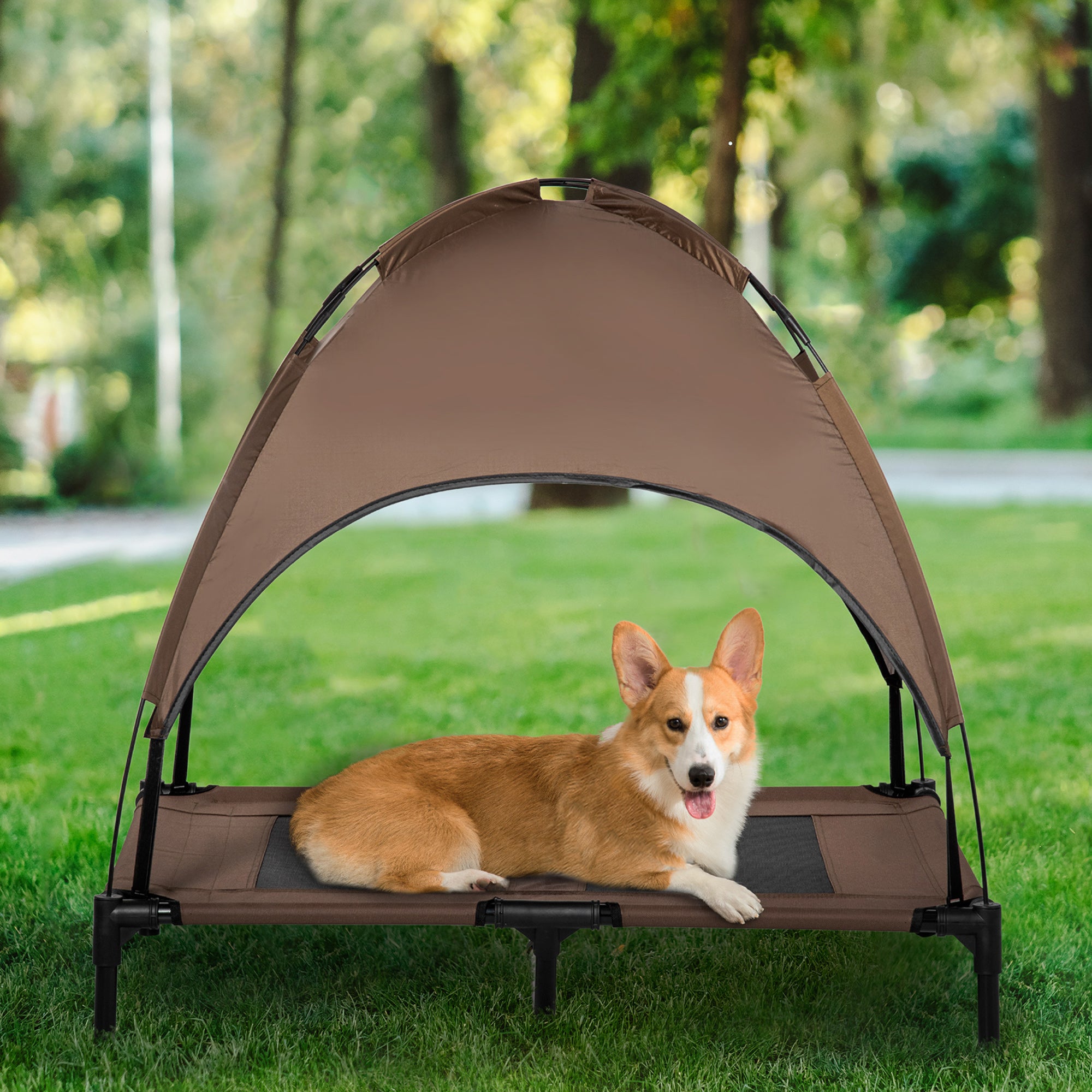 48" x 36" Elevated Dog Cot Bed with UV Protection Canopy – Portable Cooling Pet Bed with Steel Frame for Outdoor Use