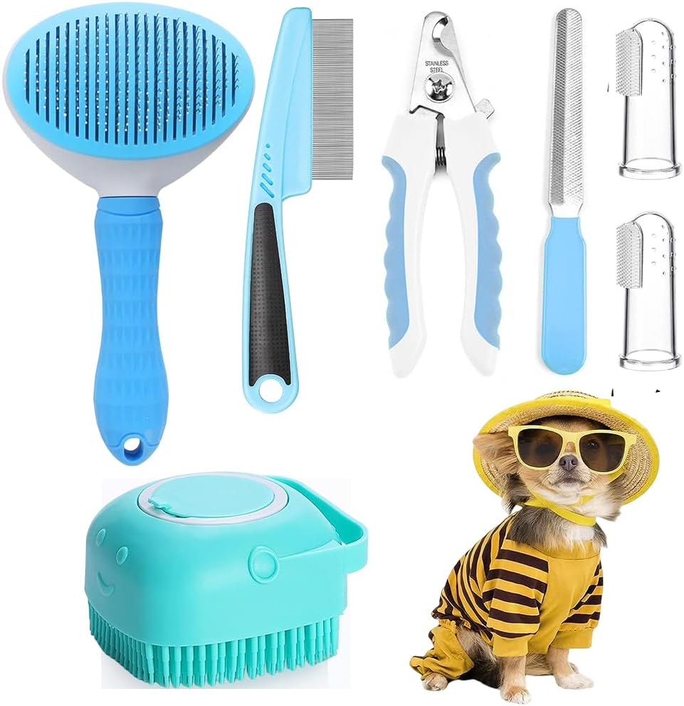 7pcs Pet Grooming Kit Self Cleaning Brush with Nail Clipper Flea Comb Bath Brush Toothbrush Set