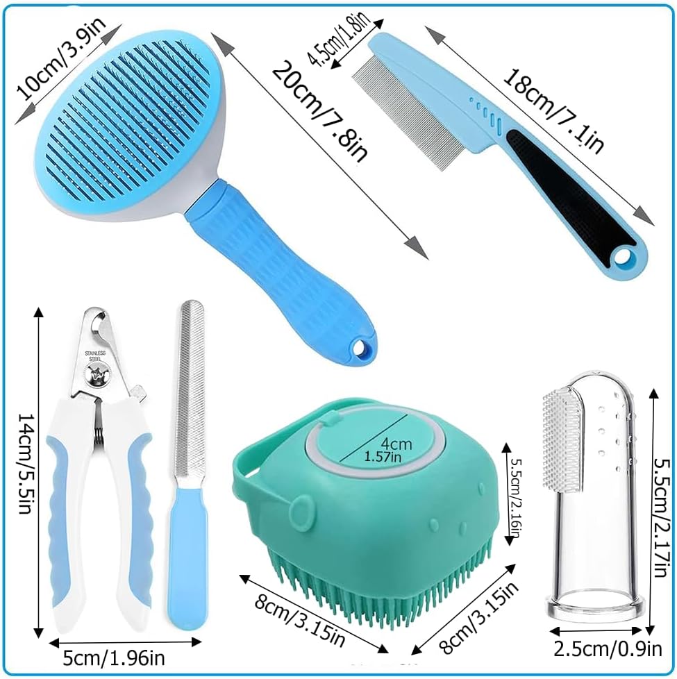 7pcs Pet Grooming Kit Self Cleaning Brush with Nail Clipper Flea Comb Bath Brush Toothbrush Set
